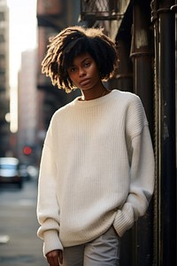 Sweater white architecture hairstyle. 