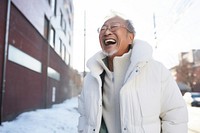 Laughing glasses jacket winter. 