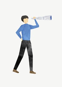 Man using binocular, paper craft element psd