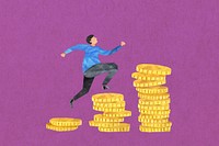 Man running forward, stacked coins paper craft