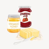 Strawberry jam & honey, butter spread illustration