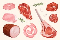 Fresh meat butchery, food collage element psd  set