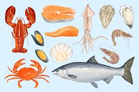 Fresh seafood, food collage element set psd