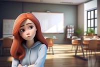 3D worried new student in classroom cartoon illustration