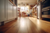 Blurred wooden kitchen floor backdrop, natural light