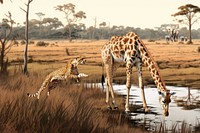 African giraffes background, wild animal digital paint