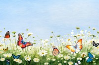 Wildflowers & butterflies background, aesthetic Spring digital painting