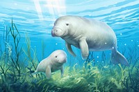 Aesthetic sea lions background, underwater environment digital painting