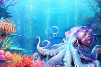 Aesthetic giant octopus background, underwater environment digital painting