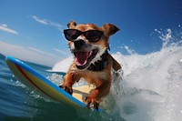 Surfing dog sunglasses outdoors. 