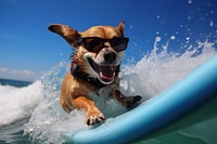 Dog sunglasses outdoors surfing. 