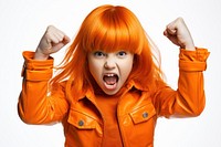 Orange Girl Power shouting portrait photo. 