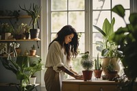 Windowsill adult plant woman. 