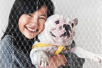 Woman with french bulldog, bubble wrap design