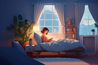 3d scene, cartoon style woman laying and playing a tablet on a bed hotel bedroom.  