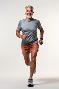 60 years old hispanic Senior man running smiling jogging t-shirt. 