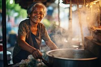 Senior smiling cooking street. 