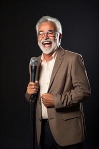 Microphone portrait glasses smiling. 