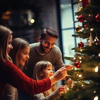 closeup photo of family decorating a Christmas tree.  