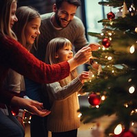 closeup photo of family decorating a Christmas tree.  