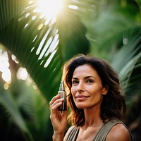 close up face shot photo of a middle aged hispanic woman face holding serum bottle close to her face.  