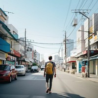 Backpacker walking street city. 