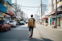 Backpacker walking city footwear. 