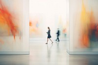 Defocused Woman Walking In Exhibition Art Hall walking art architecture. 