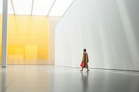 Defocused Woman Walking In Exhibition Art Hall walking floor architecture. 