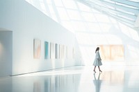 Defocused Woman Walking In large Exhibition Art Hall walking art architecture. 