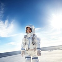 a photo of smiling girl child dressed as astronaut.  