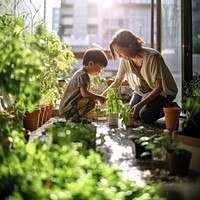 photo a Mother and son watering vegetables in their urban garden.  