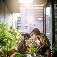 photo a Mother and son watering vegetables in their urban garden. AI generated Image by rawpixel. 