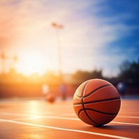 photo of Close-up of basketball on floor Field with Blurry Stadium in Background. AI generated Image by rawpixel.