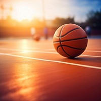 photo of Close-up of basketball on floor Field with Blurry Stadium in Background. 