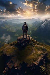 Photo of a backpacker on the top of the mountain.  