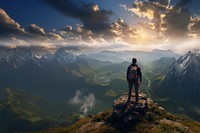 Photo of a backpacker on the top of the mountain. AI generated Image by rawpixel. 