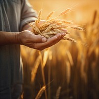 photo of a dusty farmer hand holding rice grain plant, agriculture background, copy space. 