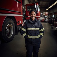 Photo of a female firefighter standing next to a foggy fire station. 