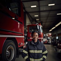 Photo of a female firefighter standing next to a foggy fire station. 