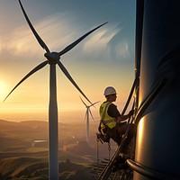 Wind turbine worker checking installation. 