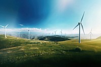 Wind turbines on mountain background. 