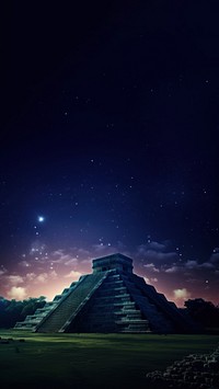 Photo of Chichen Itza skyline at night.  