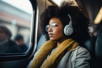 Woman wearing headphone headphones headset train. 