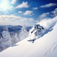 photo of Hokkaido ski resort, person skiing, copy space.  