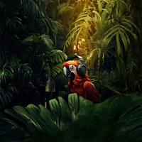 photo of parrot wearing headphone on the branch, space, photorealistic, raw image.  