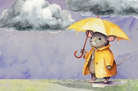 Watercolor rainy season background, rat holding umbrella illustration remix