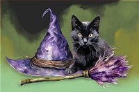 Black cat, witch's familiar, watercolor illustration remix