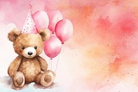 Birthday teddy bear background, pink watercolor illustration remix