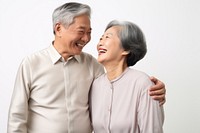 Romantic asian senior couple laughing adult white background. 